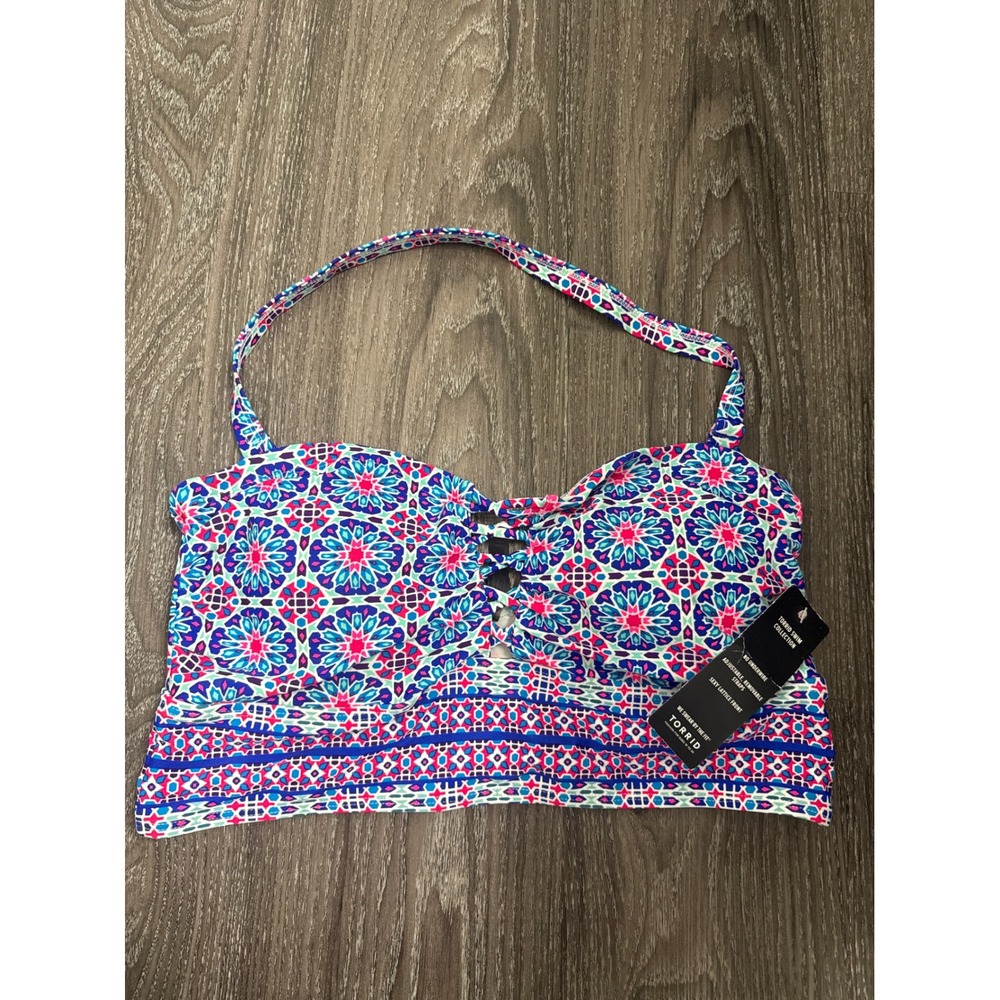 Torrid Blue Pink Medallion Lattice Front Wireless Bikini Top Size 0 NEW